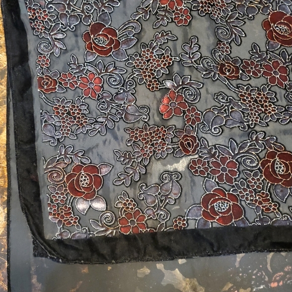 Vintage Black Red Velvet Silk Floral Scarf Wrap Sheer 60 Inch Women's - Picture 5 of 8